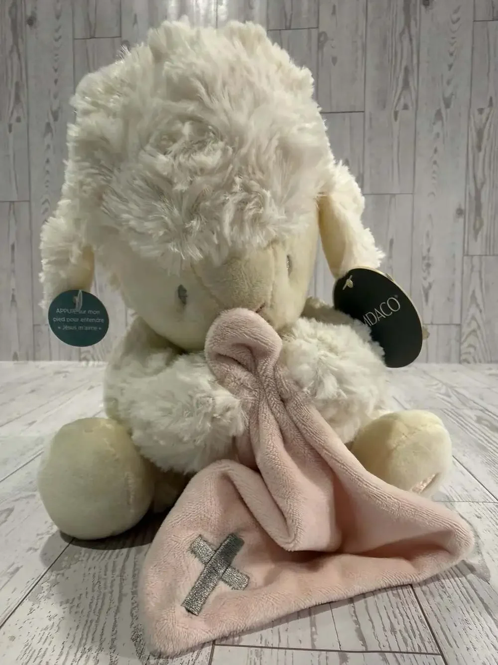 Demdaco Jesus Loves Me Musical Lamb Plush with Pink Blanket